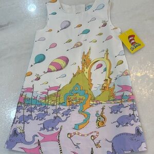 Dr. Seuss White Dress with Pastel Pink, Purple, Teal & Yellow Storybook Print